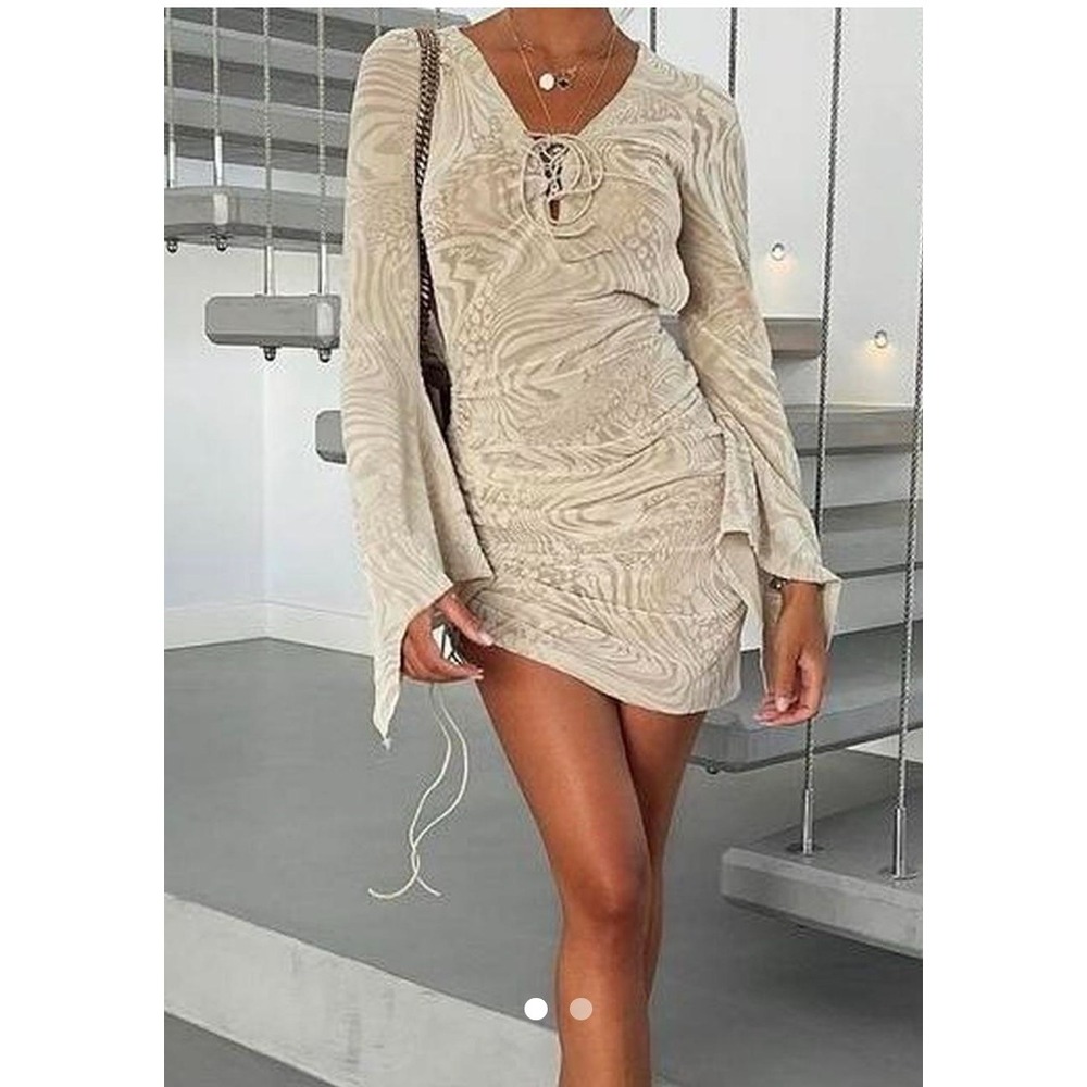 I.AM.GIA Tan Swirl Print Sheer Lace Up Mini Dress Ruched Bell Sleeve Small